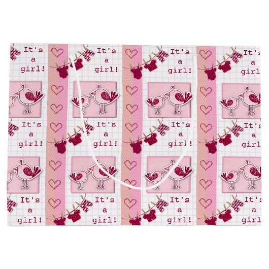 赤ちゃんシャワー女の子ピンクの鳥 ラージペーパーバッグ (裏面)