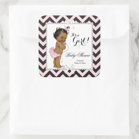 赤ちゃんシャワー女の子ピンクブラックストライプホワイトエスニック スクエアシール (バッグ)