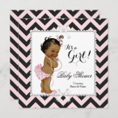 赤ちゃんシャワー女の子ピンクブラックストライプホワイトエスニック 招待状 (正面/裏面)