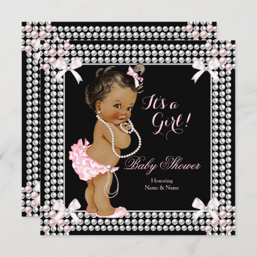赤ちゃんシャワー女の子ピンク真珠ブラックエスニック 招待状 (正面/裏面)