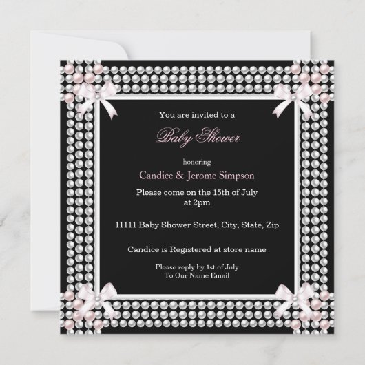 赤ちゃんシャワー女の子ピンク真珠ブラックエスニック 招待状 (裏面)