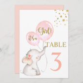 赤ちゃんシャワー女の子ピンク象テーブルの看板 招待状 (正面/裏面)