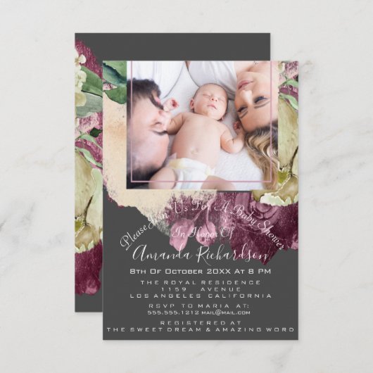 赤ちゃんシャワー女の子フォトグレーフローラフレーム 招待状 (正面/裏面)