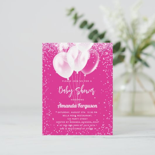 赤ちゃんシャワー女の子ホットピンク白バルーン インビテーションポストカード (スタンド正面)