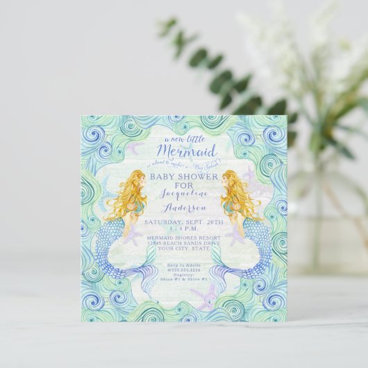 赤ちゃんシャワー女の子マーメイドウォーターカラーウェーブウッドアート 招待状 (スタンド正面)