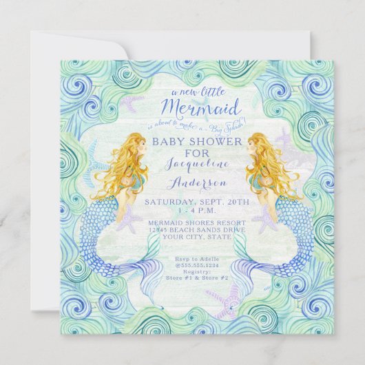赤ちゃんシャワー女の子マーメイドウォーターカラーウェーブウッドアート 招待状 (正面)