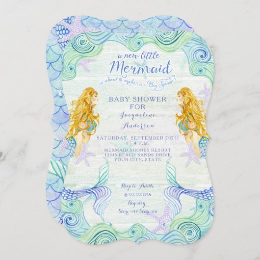 赤ちゃんシャワー女の子マーメイドウォーターカラーウェーブウッドアート 招待状 (正面/裏面)