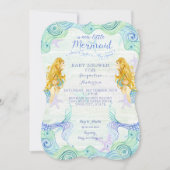 赤ちゃんシャワー女の子マーメイドウォーターカラーウェーブウッドアート 招待状 (正面)