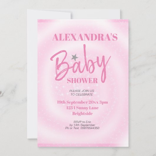 赤ちゃんシャワー女の子モダンピンクのスター生まれは 招待状 (裏面)