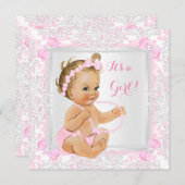 赤ちゃんシャワー女の子レースダマスクピンクブロンド 招待状 (正面/裏面)