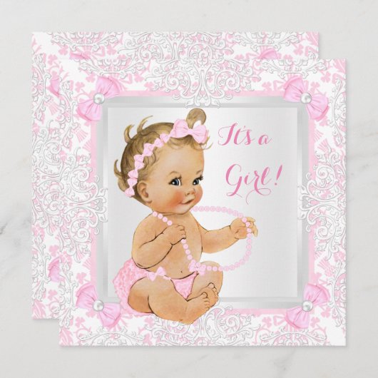 赤ちゃんシャワー女の子レースダマスクピンクブロンド 招待状 (正面/裏面)