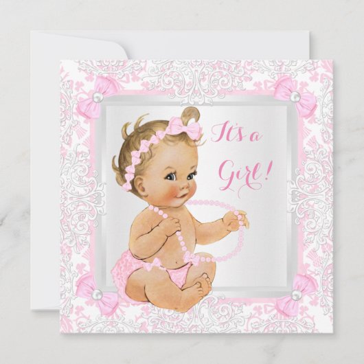 赤ちゃんシャワー女の子レースダマスクピンクブロンド 招待状 (正面)