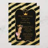 赤ちゃんシャワー女の子,ゴールデンストリップ,黒金ゴールドv2 招待状 (正面/裏面)