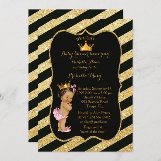 赤ちゃんシャワー女の子，ゴールデンストリップ，黒金ゴールドv2 招待状 (正面/裏面)
