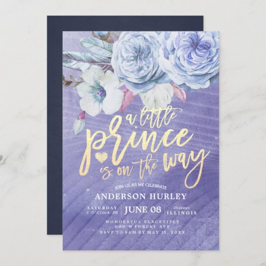 赤ちゃんシャワー小さな王子が途中にある 招待状 (正面/裏面)