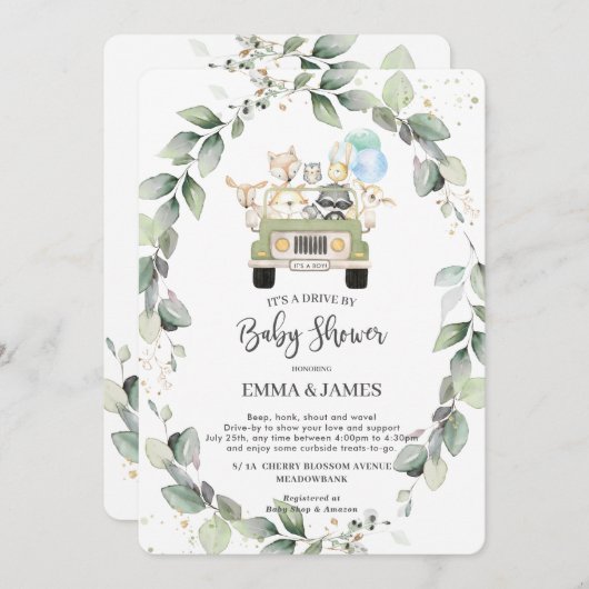 赤ちゃんシャワー少年によるシックな緑のウッドランドドライブ 招待状 (正面/裏面)