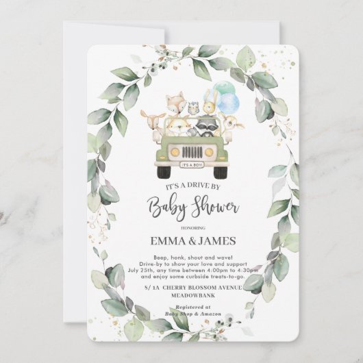 赤ちゃんシャワー少年によるシックな緑のウッドランドドライブ 招待状 (正面)