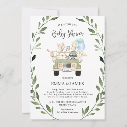 赤ちゃんシャワー少年によるシックな緑のウッドランドドライブ 招待状 (正面)