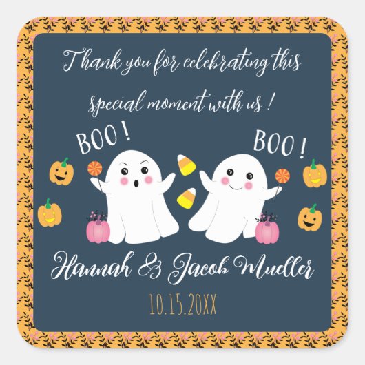 赤ちゃんシャワー幽霊サンキューブルーお願いステッカー スクエアシール (正面)