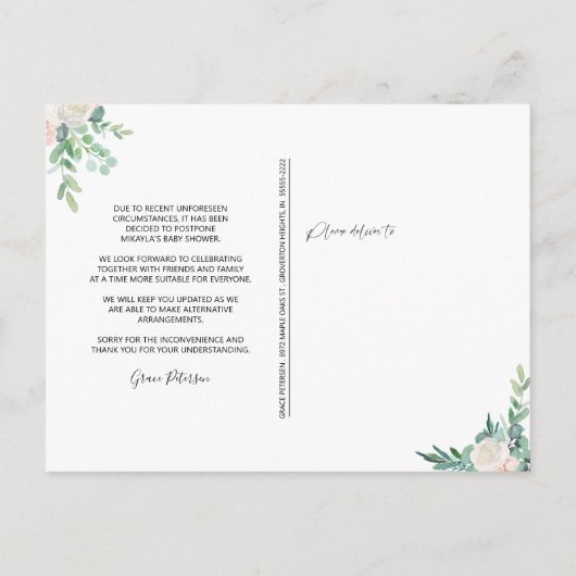 赤ちゃんシャワー延期された水の色のフローラ緑 案内ポストカード (裏面)