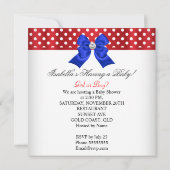 赤ちゃんシャワー性別が赤白青スポットを明らかにする 招待状 (裏面)