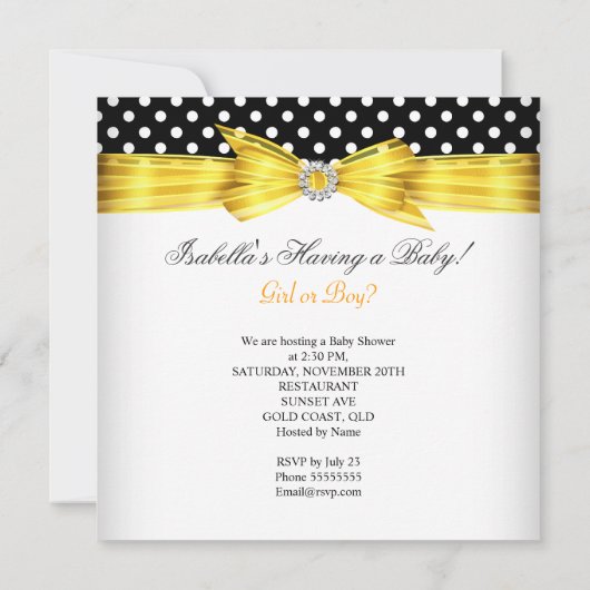 赤ちゃんシャワー性別が黒い黄色の白いスポットを明らかにする 招待状 (裏面)
