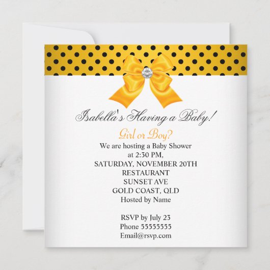 赤ちゃんシャワー性別が黒い黄色の白い斑点を明らかにする 招待状 (裏面)