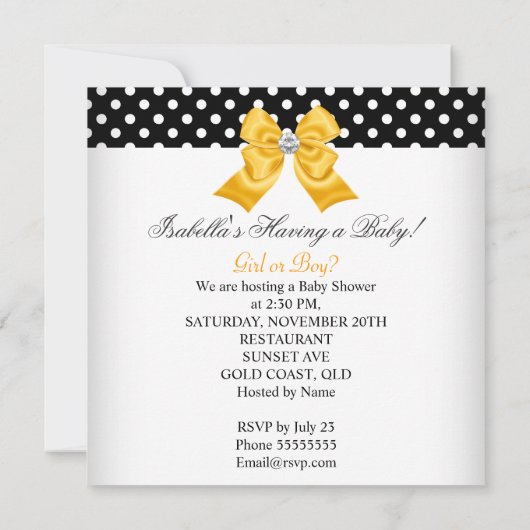 赤ちゃんシャワー性別が黒い黄色の白い斑点を明らかにする 招待状 (裏面)