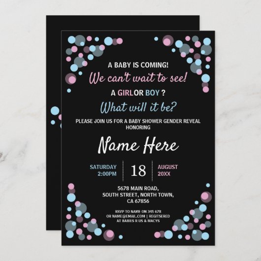 赤ちゃんシャワー性別リビールピンクブルードット招待状 招待状 (正面/裏面)