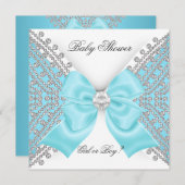 赤ちゃんシャワー性別リビールブルーホワイトティール（緑がかった色） 招待状 (正面/裏面)