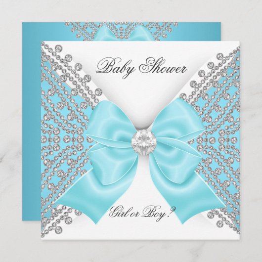 赤ちゃんシャワー性別リビールブルーホワイトティール(緑がかった色) 招待状 (正面/裏面)