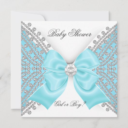 赤ちゃんシャワー性別リビールブルーホワイトティール（緑がかった色） 招待状 (正面)