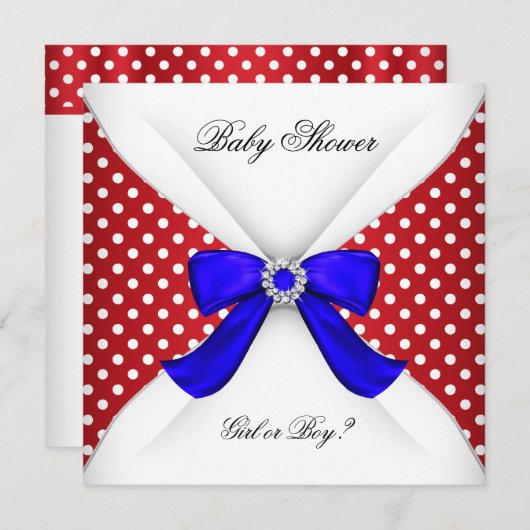 赤ちゃんシャワー性別リビール赤白青水玉模様 招待状 (正面/裏面)