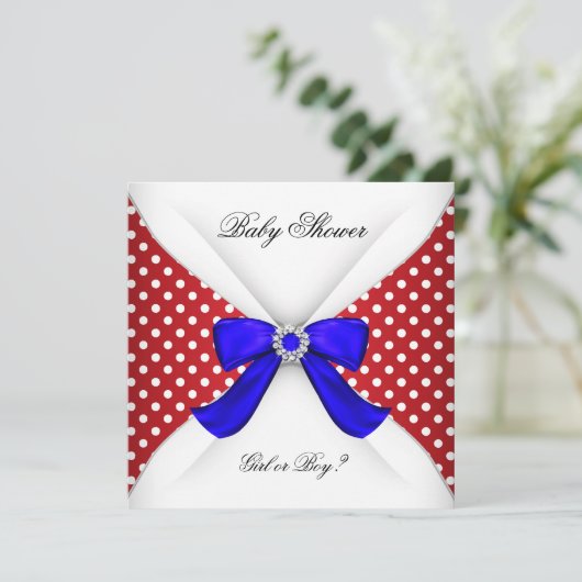 赤ちゃんシャワー性別リビール赤白青水玉模様 招待状 (スタンド正面)