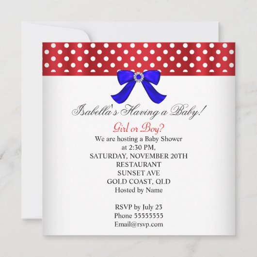 赤ちゃんシャワー性別リビール赤白青水玉模様 招待状 (裏面)