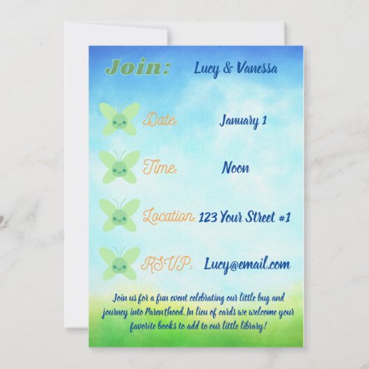 赤ちゃんシャワー招きバグ男女兼用緑 招待状 (裏面)