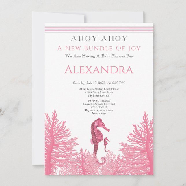 赤ちゃんシャワー招待ほこりっぽいバラピンクガールナウティ (正面)