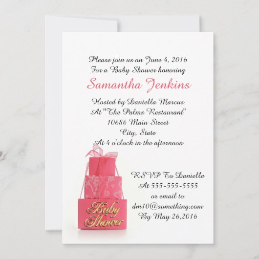 赤ちゃんシャワー招待ガールピンクのパッケージ 招待状 (裏面)