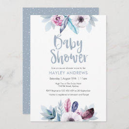 赤ちゃんシャワー招待ブルーパープルフローラ羽毛 招待状