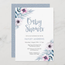 赤ちゃんシャワー招待ブルーパープル花模様