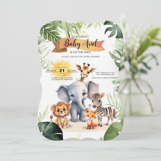 赤ちゃんシャワー招待可愛いジャングルサファリ動物 (スタンド正面)