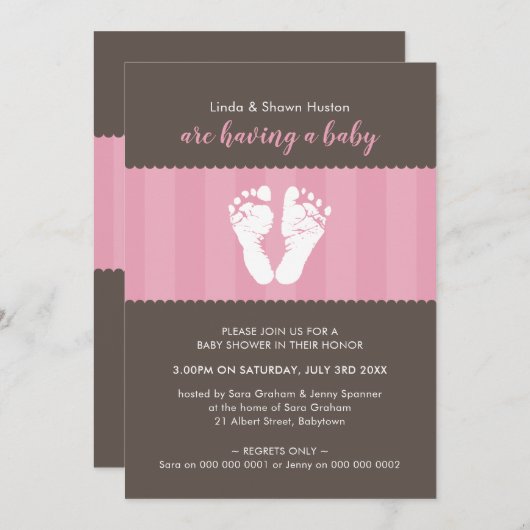 赤ちゃんシャワー招待状かわいいハート足跡足ピンク 招待状 (正面/裏面)