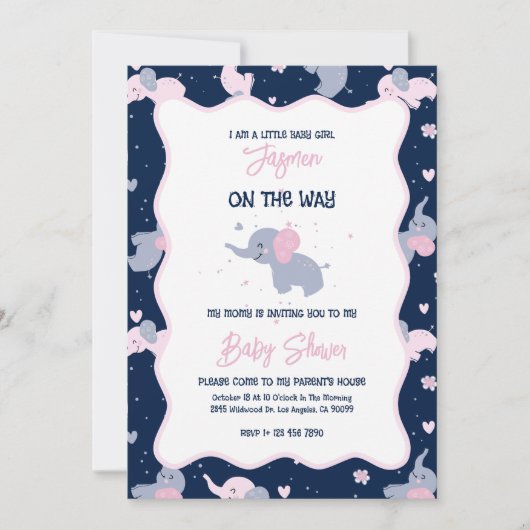 赤ちゃんシャワー招待状かわいいベビーゾウ模様 セーブザデート (正面)