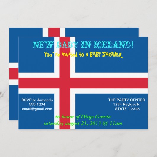 赤ちゃんシャワー招待状とアイスランド国旗 招待状 (正面/裏面)