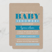 赤ちゃんシャワー招待状モダン素朴クラフトホワイトブルー 招待状 (正面/裏面)
