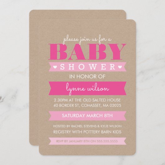 赤ちゃんシャワー招待状モダン素朴クラフト白ピンク 招待状 (正面/裏面)