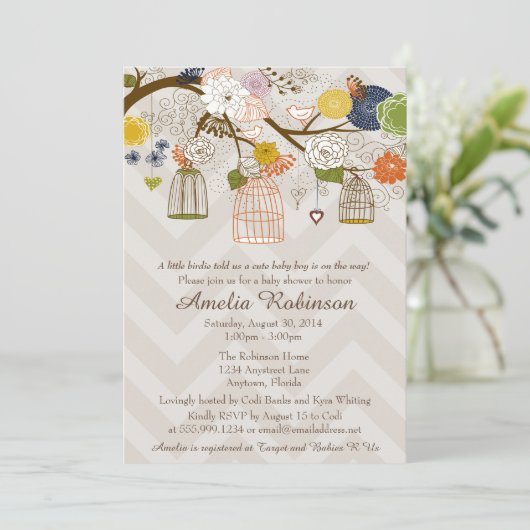 赤ちゃんシャワー招待状、バードケージの木のはっきりした色 招待状 (スタンド正面)