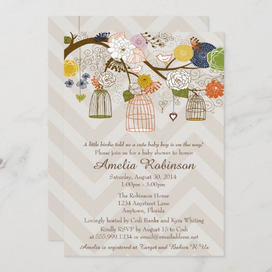 赤ちゃんシャワー招待状、バードケージの木のはっきりした色 招待状 (正面/裏面)