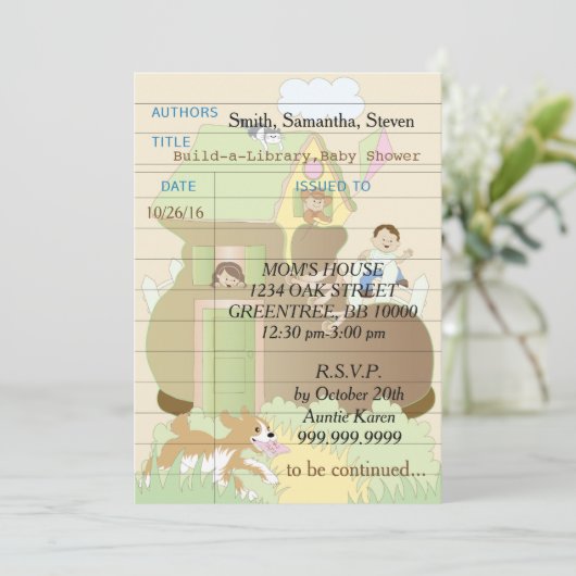 赤ちゃんシャワー招待状「Build-a-Library」ピンク 招待状 (スタンド正面)
