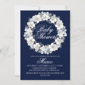 赤ちゃんシャワー招待白桜ネイビーブルー 招待状 (正面)